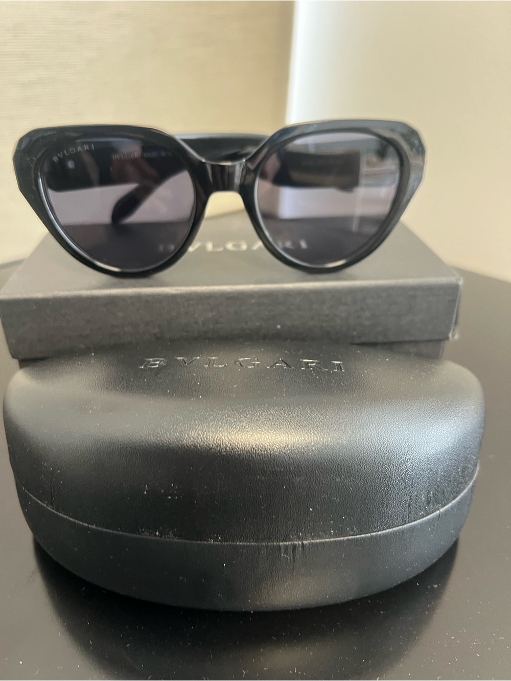 Bulgari Glossy Black Cat-Eye Sunglasses with Dark Gray Lenses